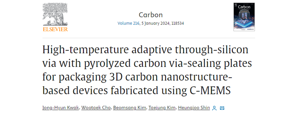 Jong-Hyun Kwak, Wootaek Cho, Beomsang Kim, Taejung Kim, Heungjoo Shin “Hightemperature
              adaptive through-silicon via with pyrolyzed carbon via-sealing plates for
              packaging 3D carbon nanostructure-based devices fabricated using C-MEMS” Carbon, 216,
              118534(2024).